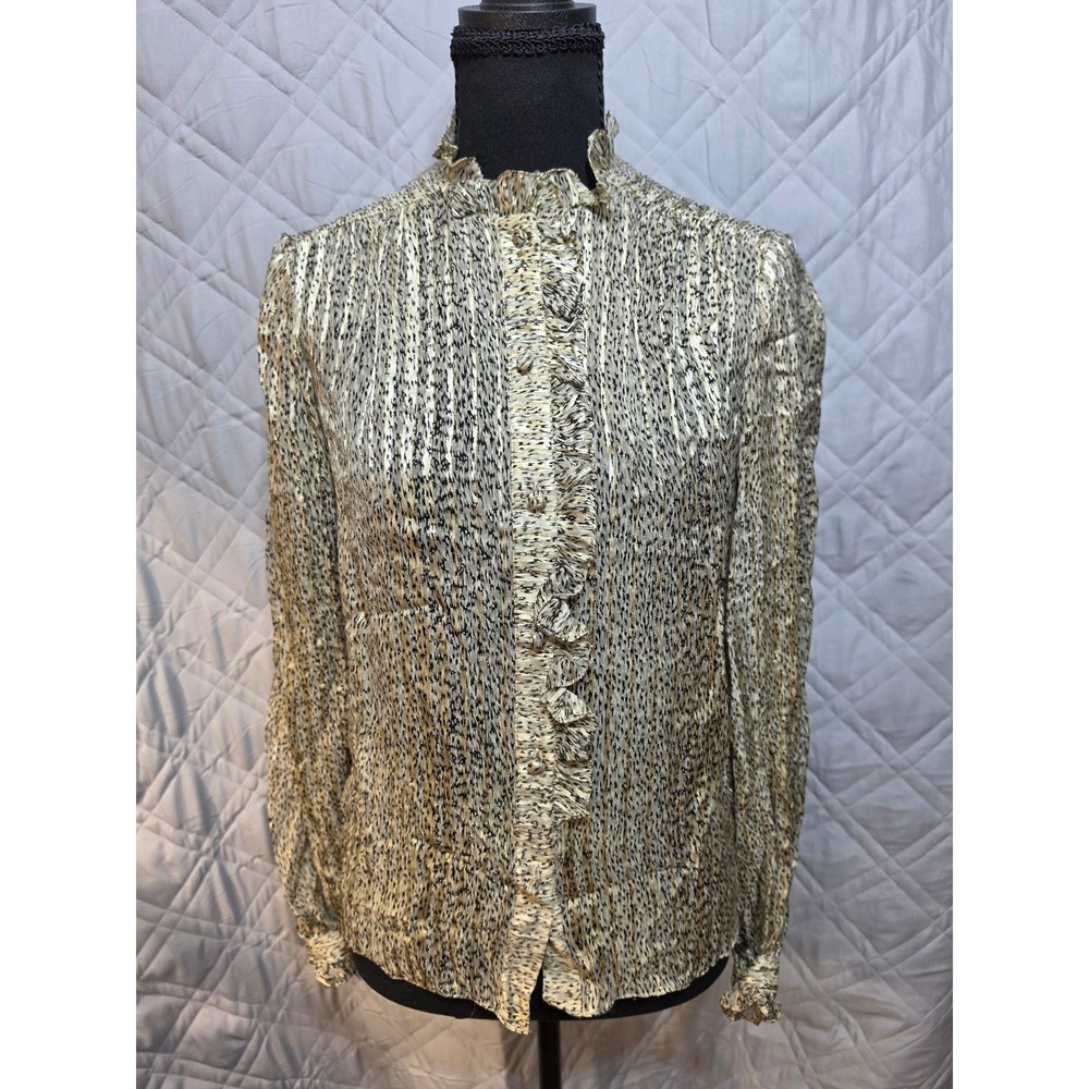 Adrianna Papell Saks Fifth Avenue Silk Metallic Ruffle Blouse Gold Animal Top 4